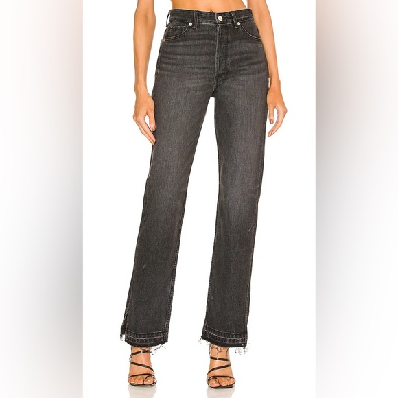 EB Denim Straight Leg Unraveled Two Jean Washed Black Denim Split Hem Sz 24 - Picture 2 of 11